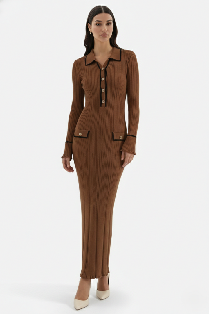 Elise Mode Gebreide Polo Maxi Jurk in Brown
