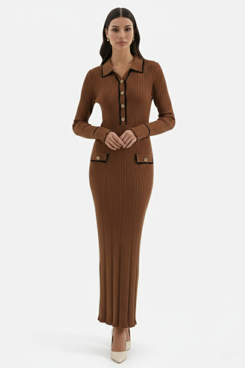 Elise Mode Gebreide Polo Maxi Jurk in Brown