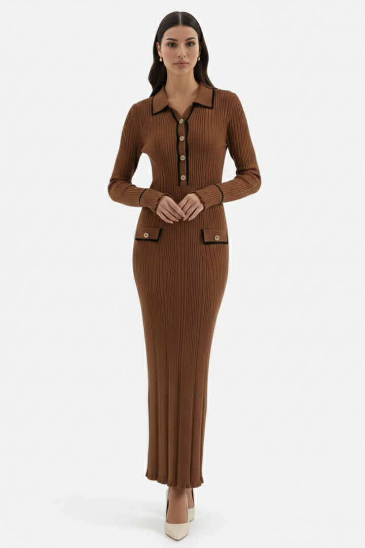 Elise Mode Gebreide Polo Maxi Jurk in Brown