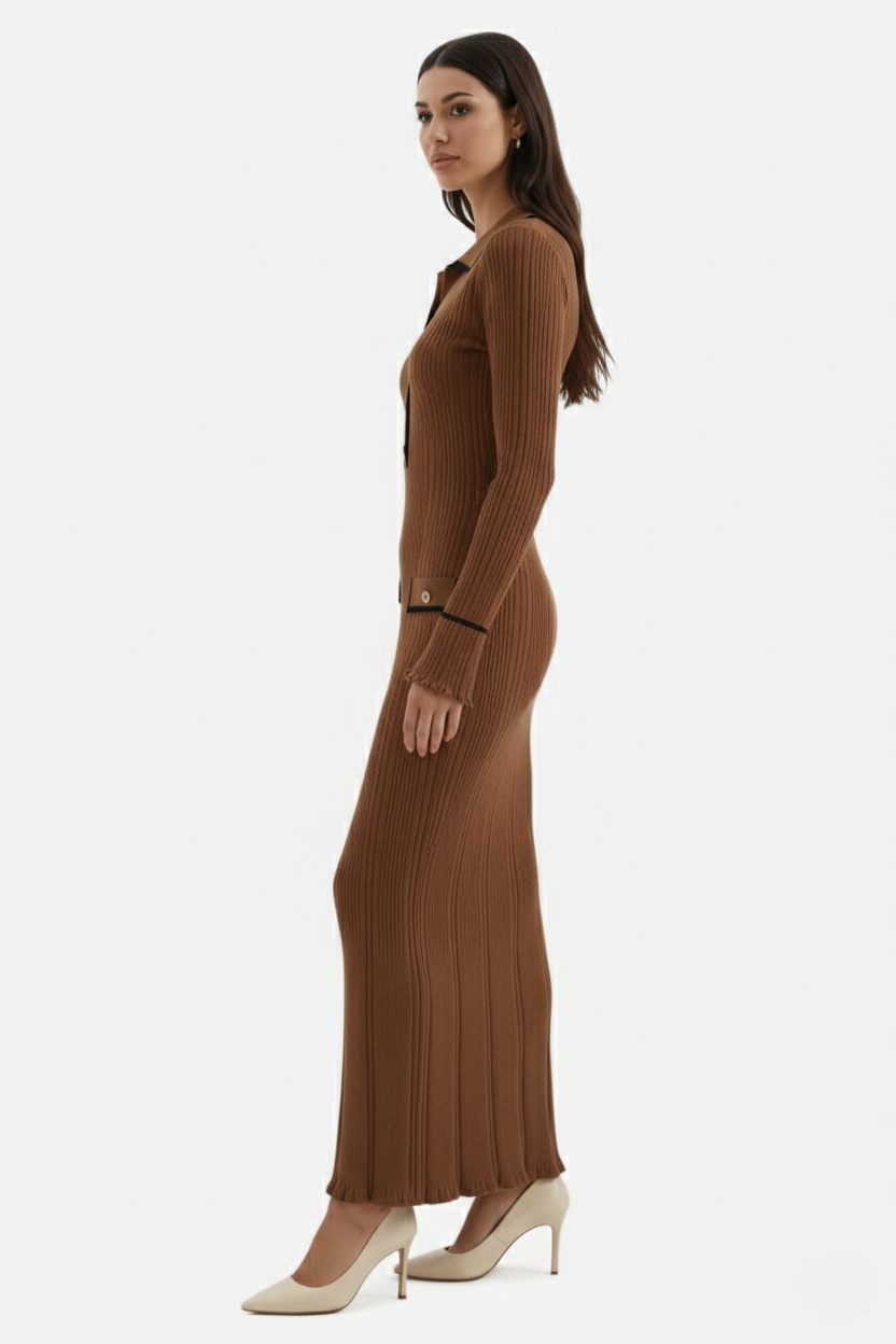 Elise Mode Gebreide Polo Maxi Jurk in Brown