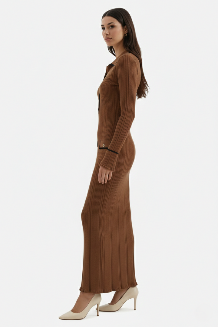 Elise Mode Gebreide Polo Maxi Jurk in Brown