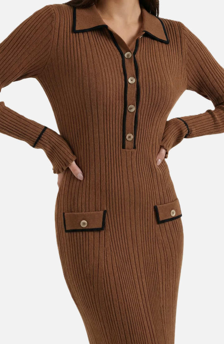 Elise Mode Gebreide Polo Maxi Jurk in Brown