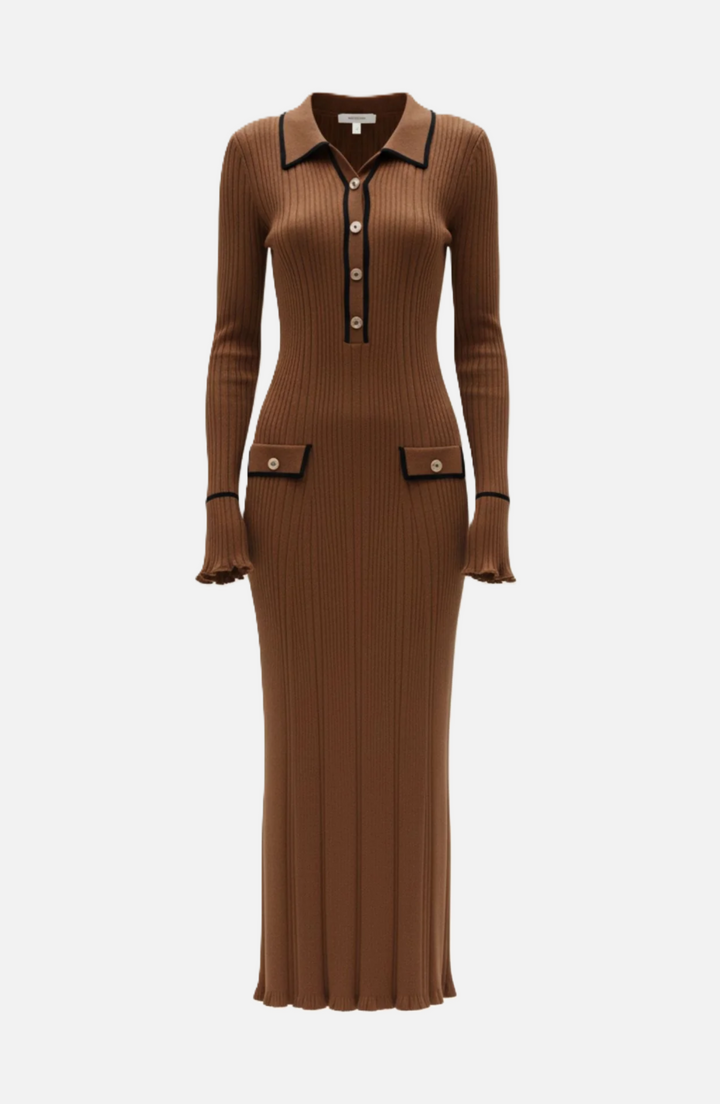 Elise Mode Gebreide Polo Maxi Jurk in Brown