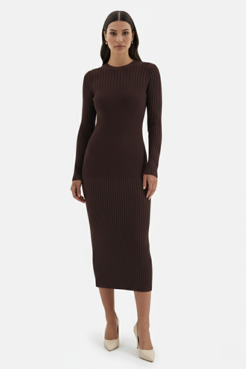 Elise Mode Dames Gebreide Bodycon Midi Jurk in Bruin