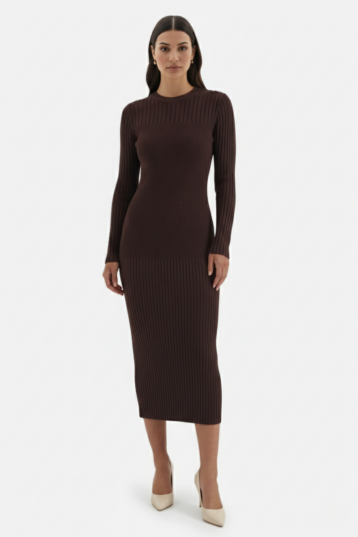 Elise Mode Dames Gebreide Bodycon Midi Jurk in Bruin