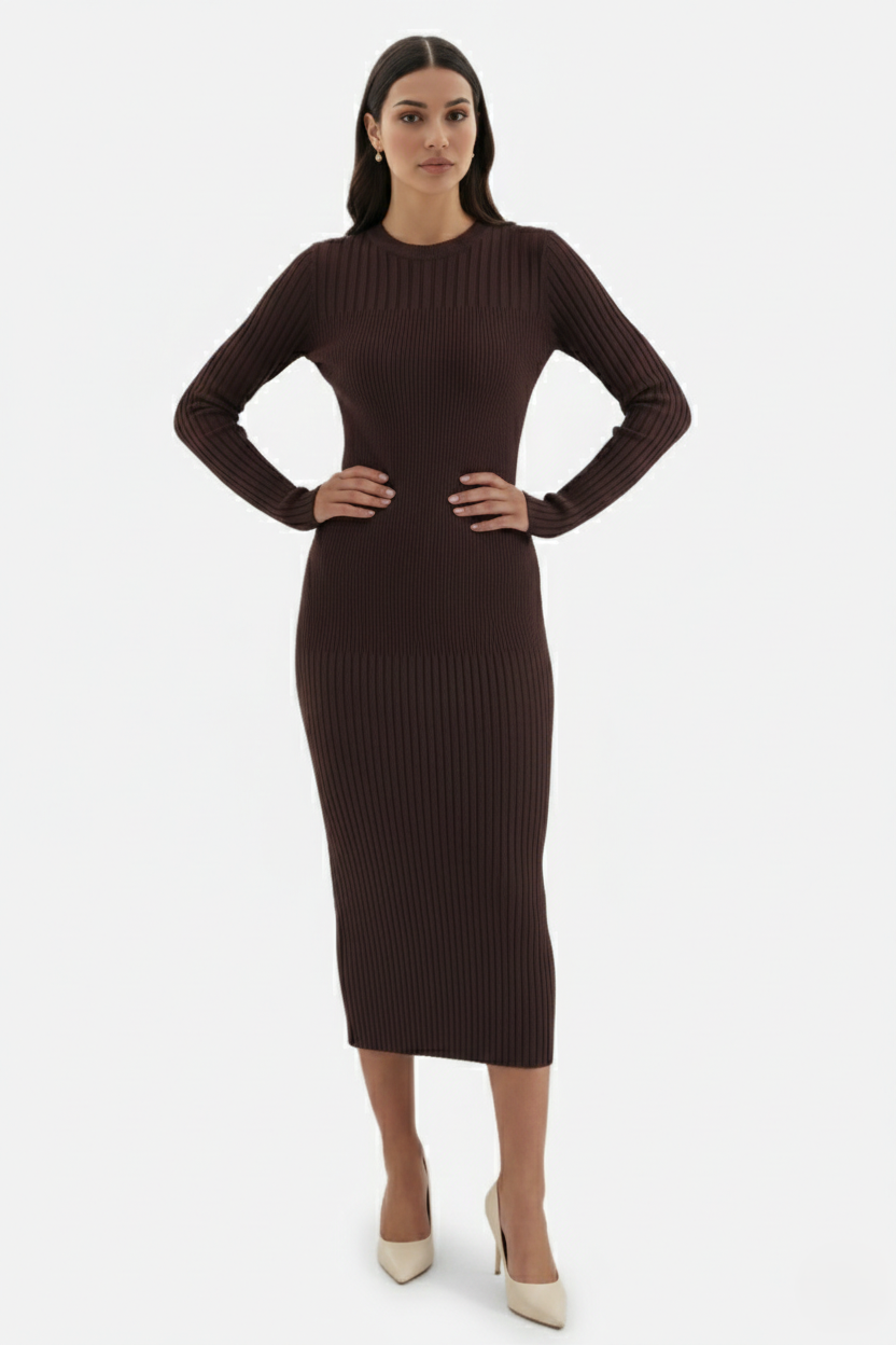 Elise Mode Dames Gebreide Bodycon Midi Jurk