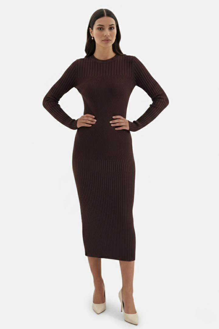 Elise Mode Dames Gebreide Bodycon Midi Jurk