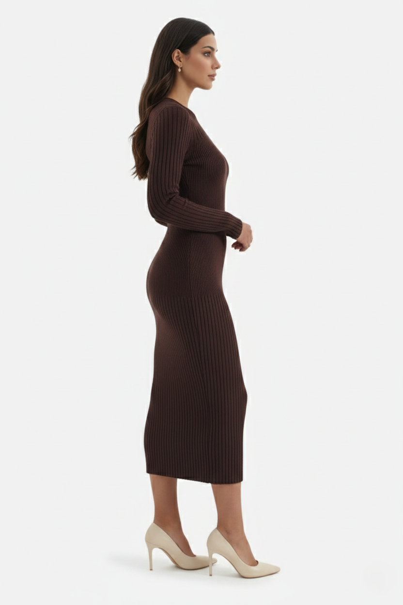 Elise Mode Dames Gebreide Bodycon Midi Jurk