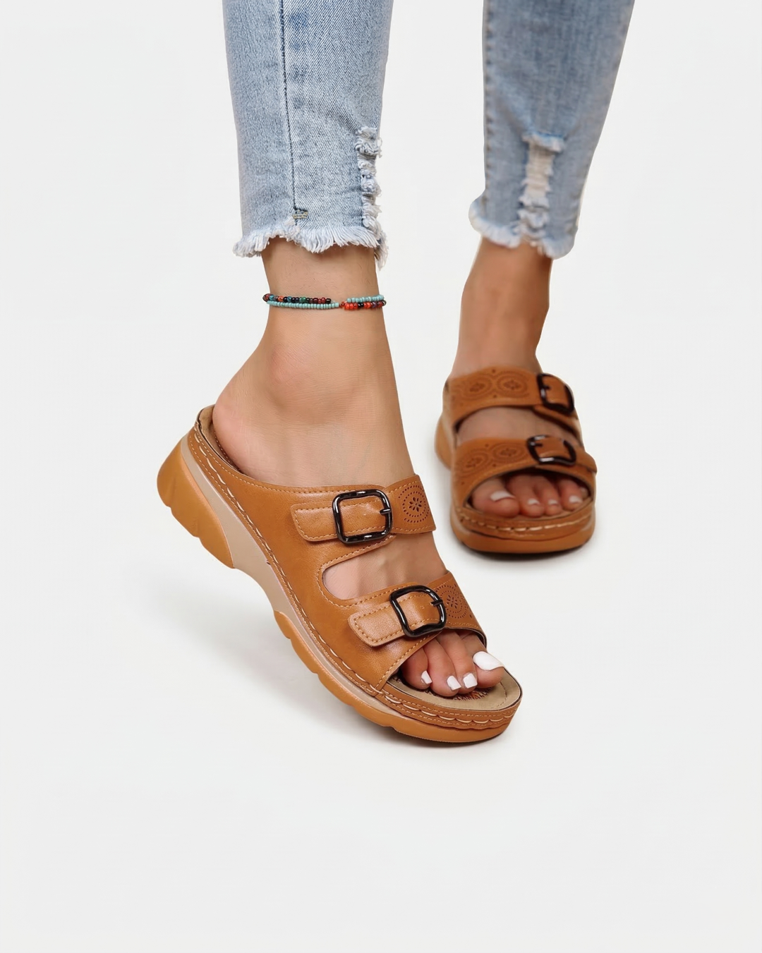 EliseMode Dames Lage Sleehak Slippers Dubbele Gesp in Bruin