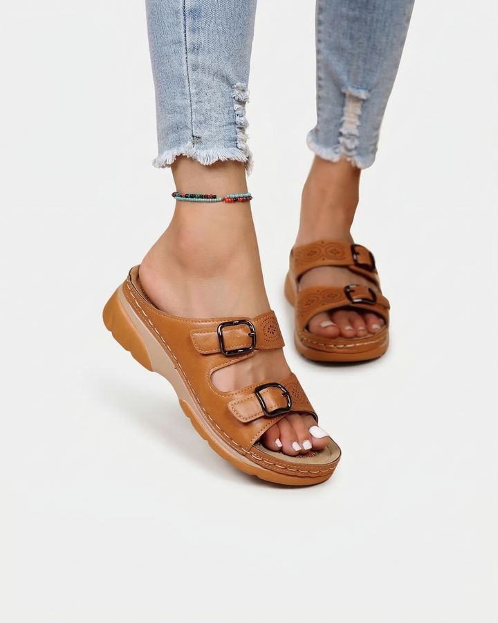 EliseMode Dames Lage Sleehak Slippers Dubbele Gesp in Bruin