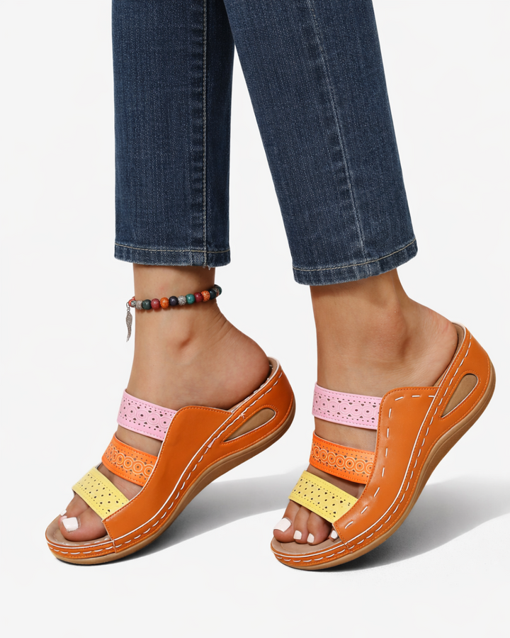 EliseMode Dames Sleehak Slippers Multicolor Bandjes in Bruin