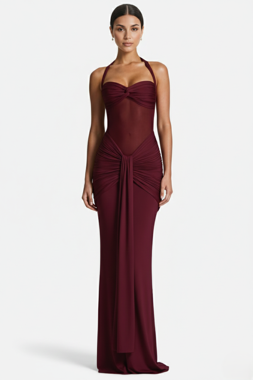 Elise Mode Halter Avondjurk in Burgundy Red