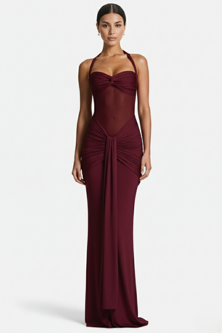 Elise Mode Halter Avondjurk in Burgundy Red