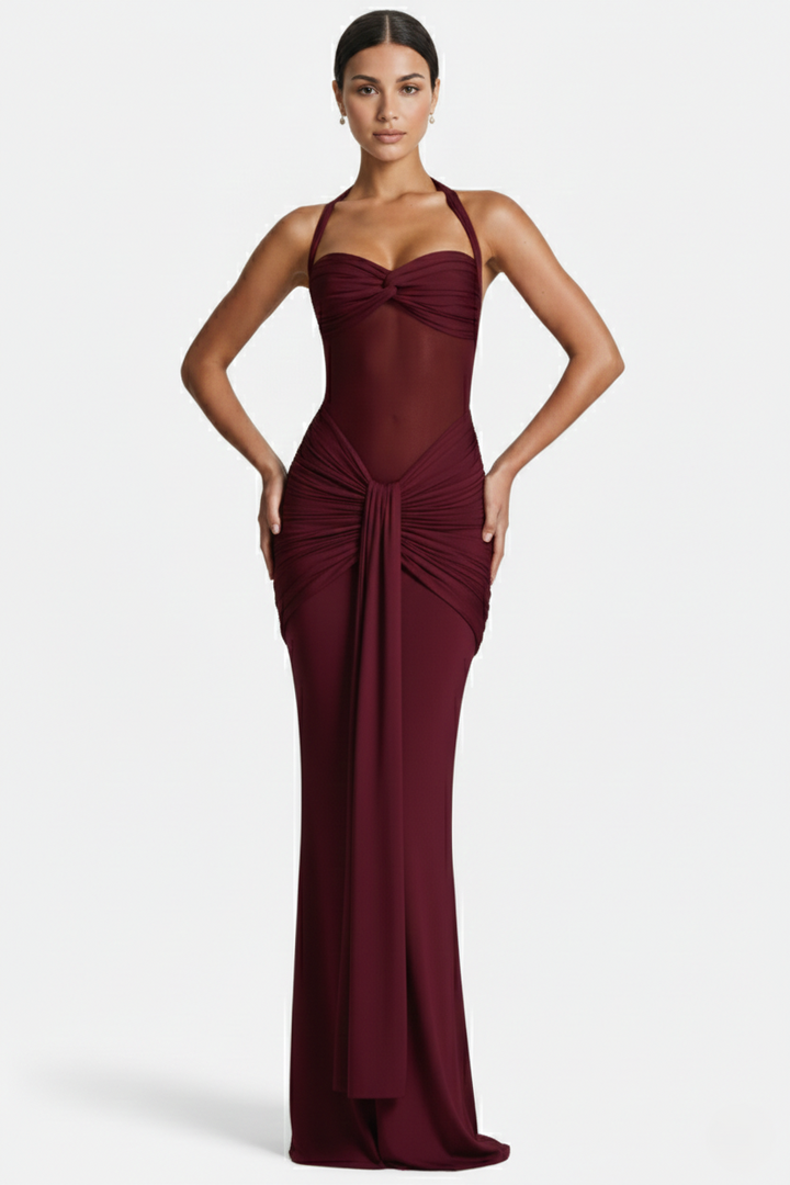 Elise Mode Halter Avondjurk in Burgundy Red