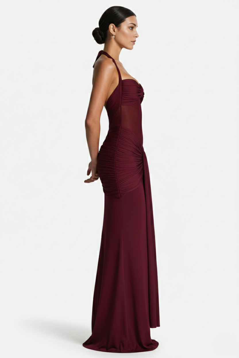 Elise Mode Halter Avondjurk in Burgundy Red