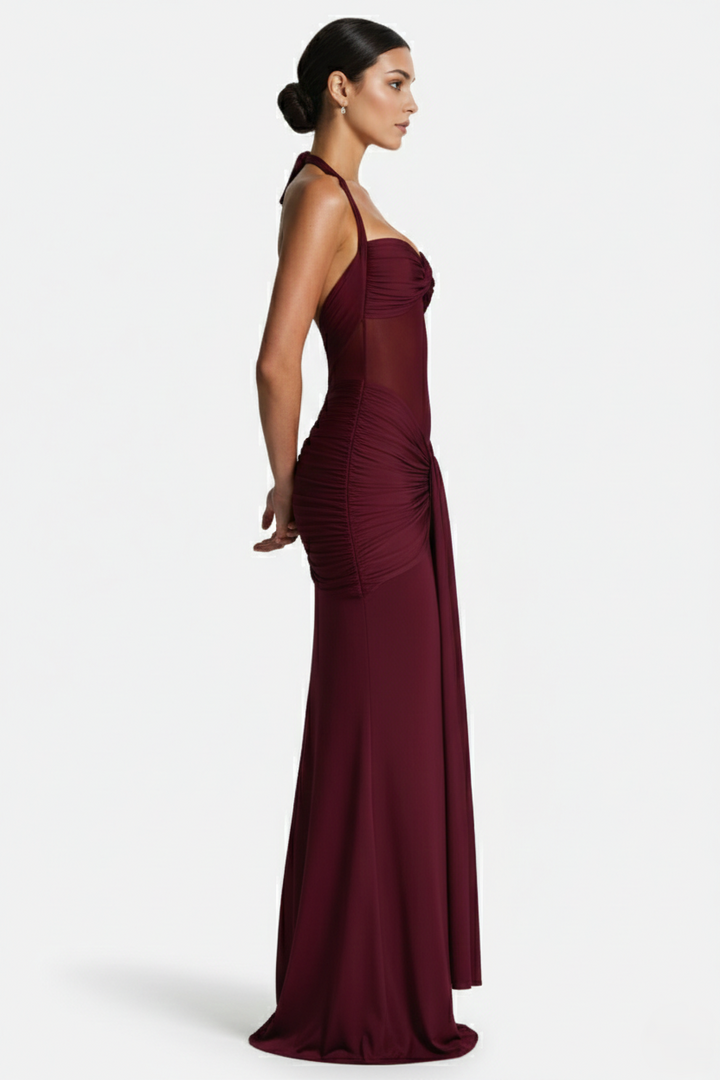 Elise Mode Halter Avondjurk in Burgundy Red