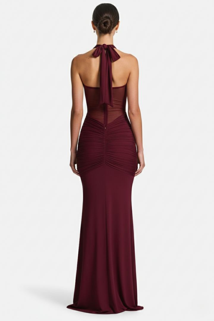 Elise Mode Halter Avondjurk in Burgundy Red