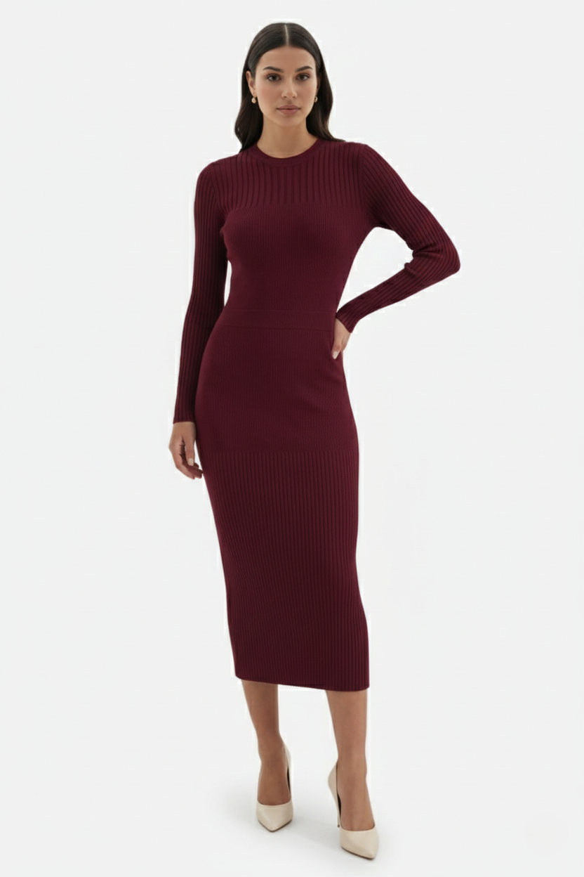 Elise Mode Dames Gebreide Bodycon Midi Jurk in Bordeauxrood