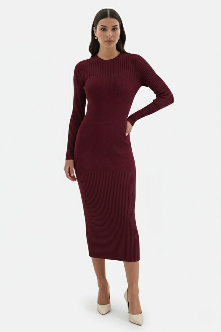 Elise Mode Dames Gebreide Bodycon Midi Jurk in Bordeauxrood