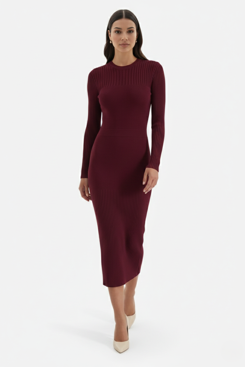 Elise Mode Dames Gebreide Bodycon Midi Jurk