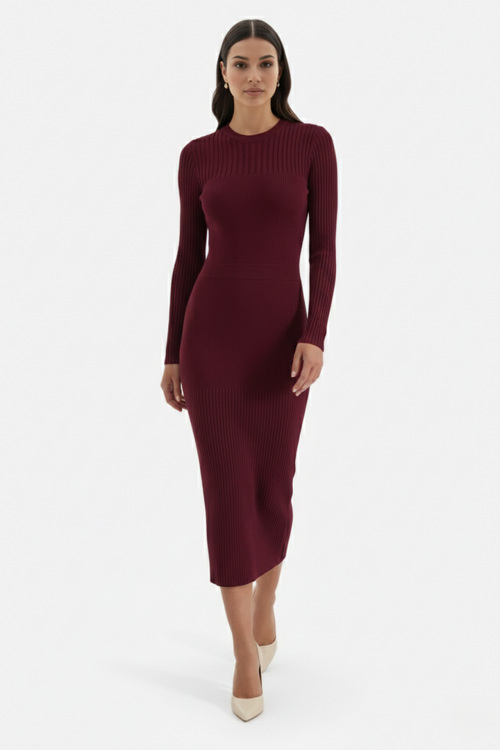 Elise Mode Dames Gebreide Bodycon Midi Jurk