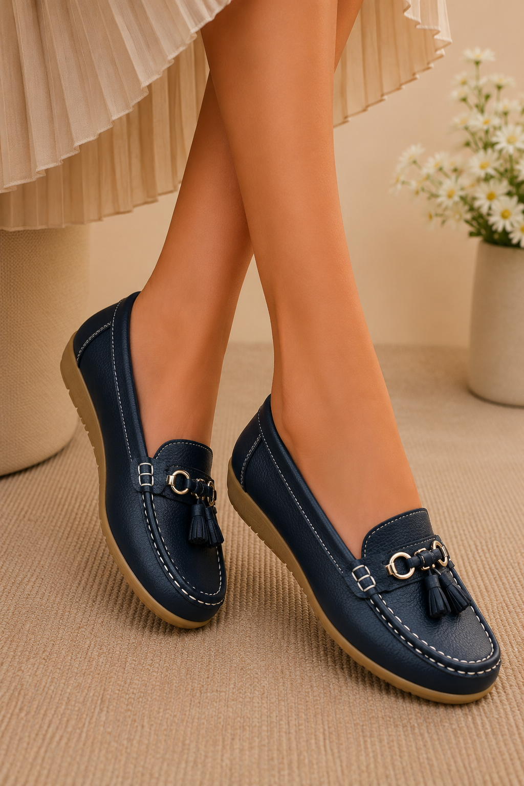 Elise Mode Dames Leren Loafers met Kwastjes