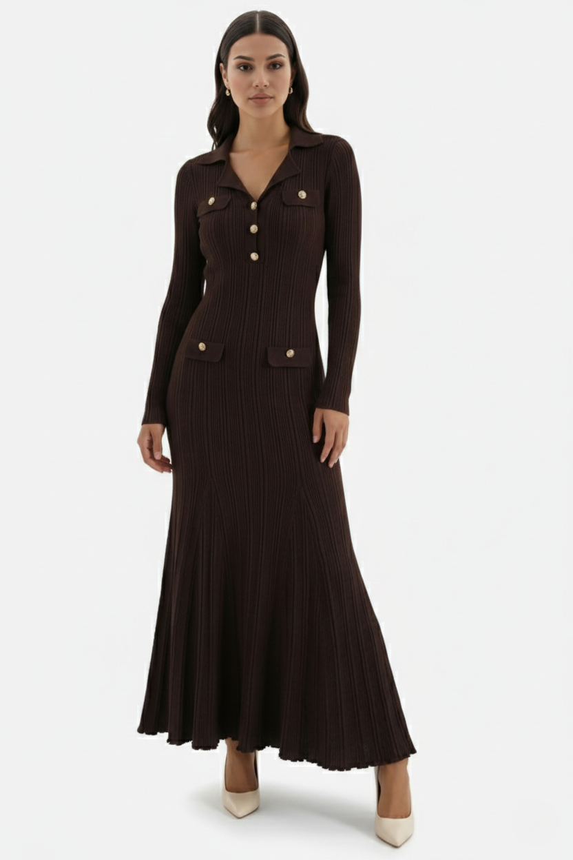 EliseMode Gebreide Polo Maxi Jurk