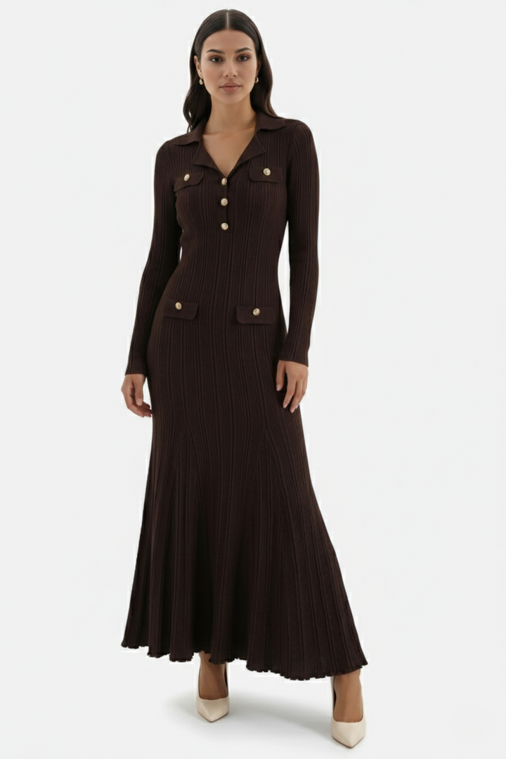 EliseMode Gebreide Polo Maxi Jurk