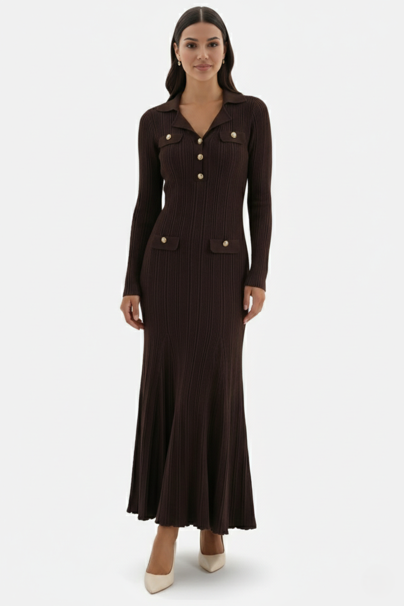 EliseMode Gebreide Polo Maxi Jurk in Coffee