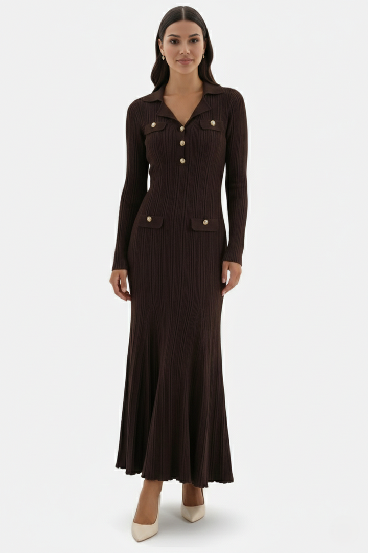 EliseMode Gebreide Polo Maxi Jurk in Coffee