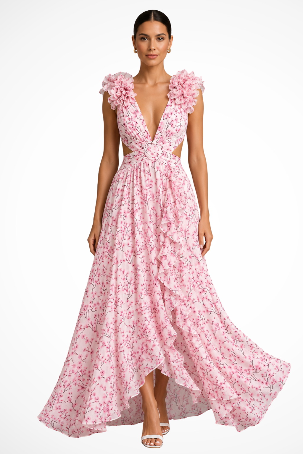 Elise Mode Dames Vloeiende Maxi Jurk Bloemenprint in Roze