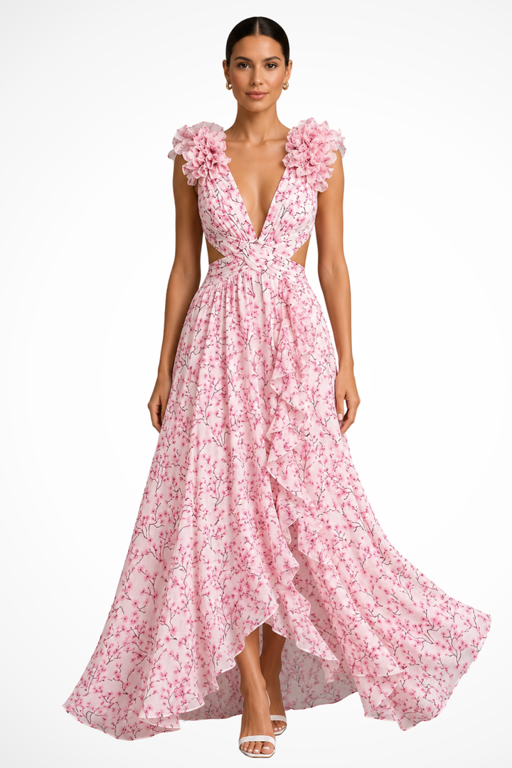 Elise Mode Dames Vloeiende Maxi Jurk Bloemenprint in Roze