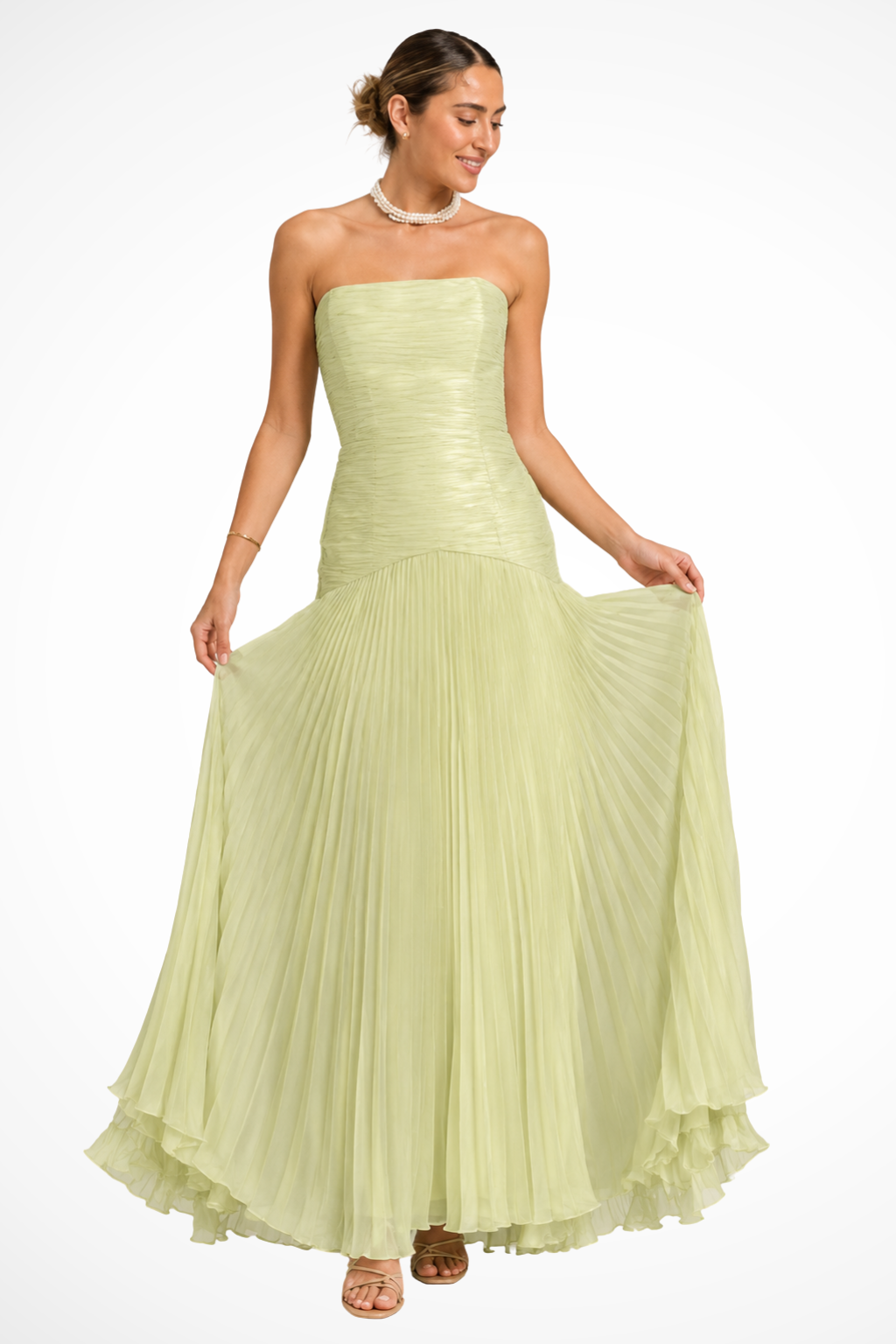 Elise Mode Dames Getailleerde Maxi Jurk Strapless in Groen