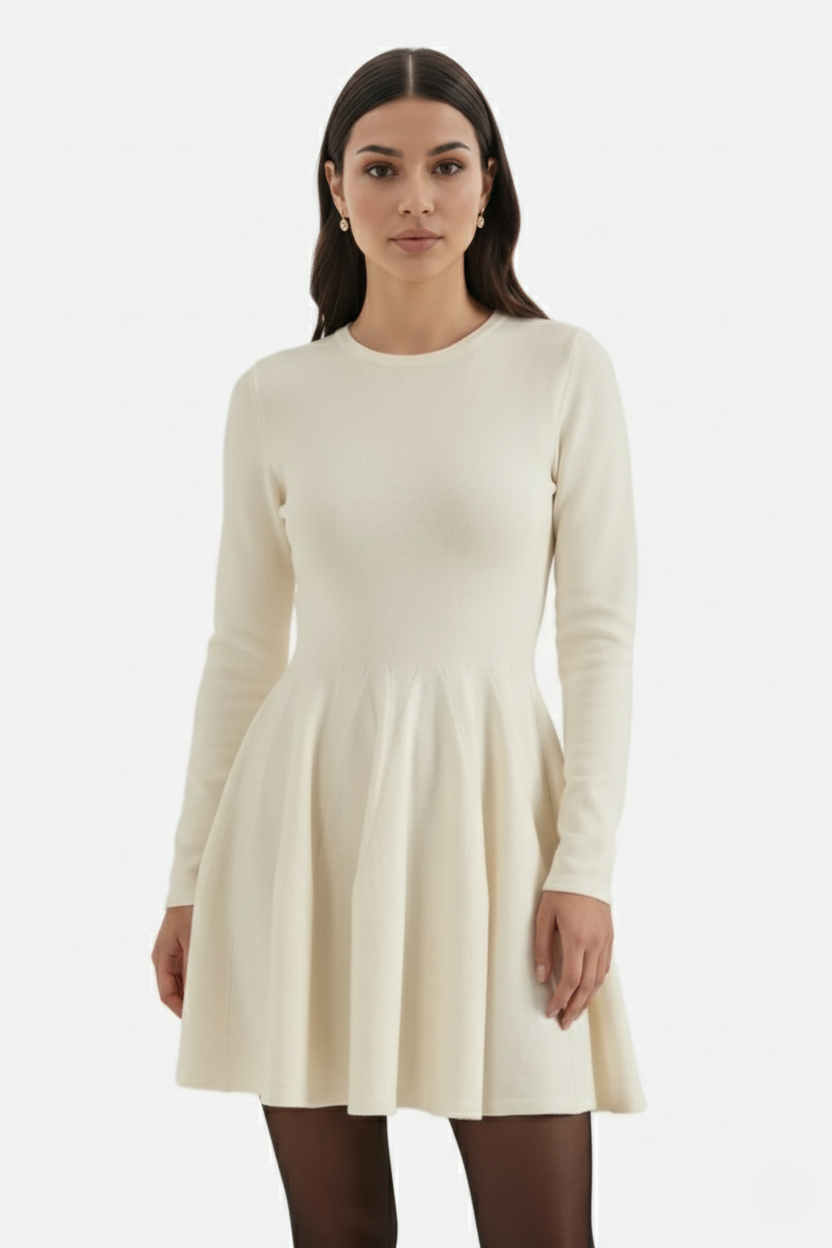 Elise Mode Dames Gebreide Skater Mini Jurk in Crème