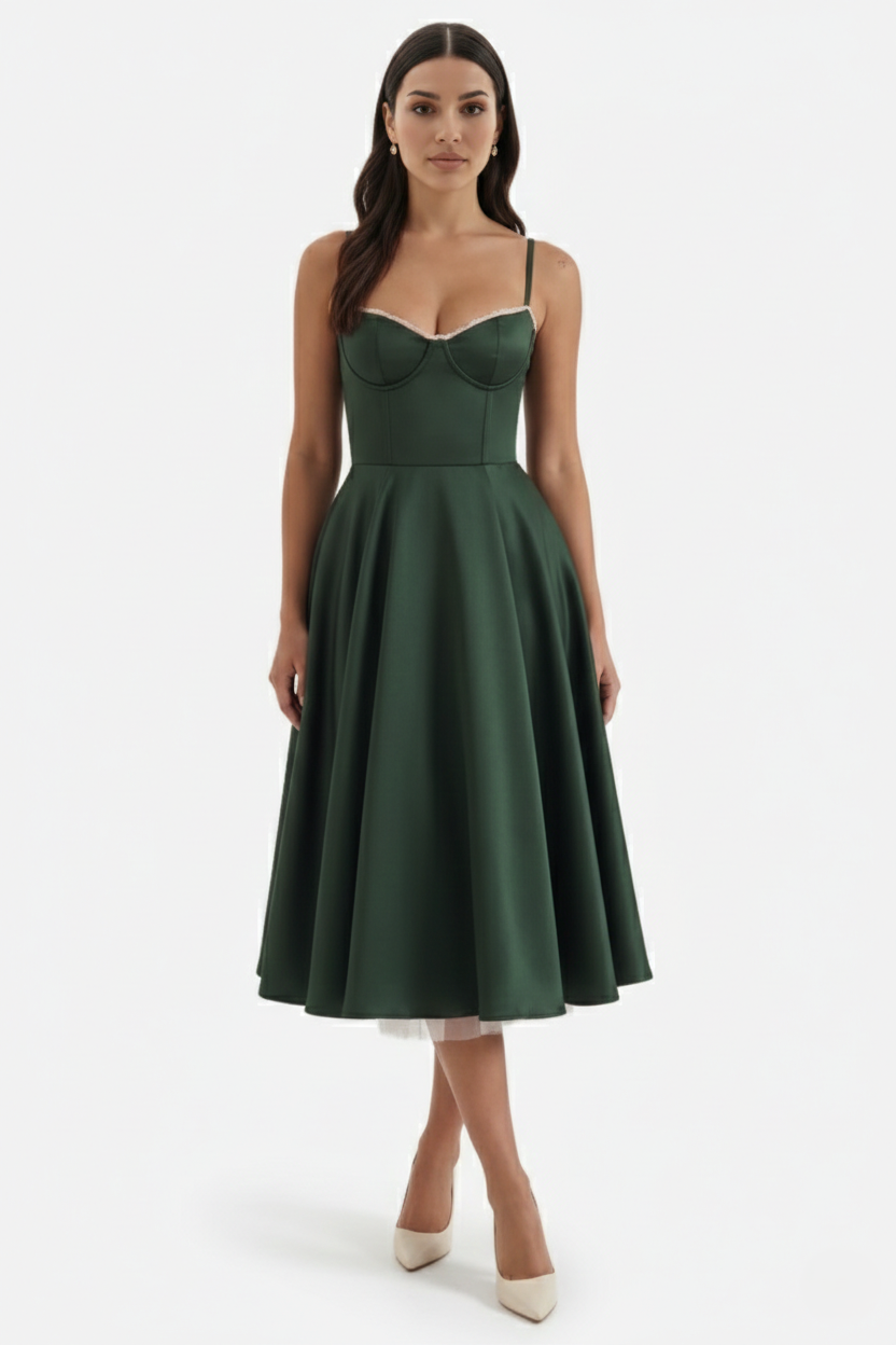 Elise Mode Bustier Midi Jurk in Dark Green