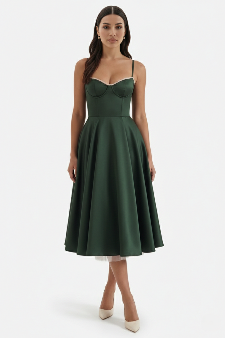 Elise Mode Bustier Midi Jurk in Dark Green