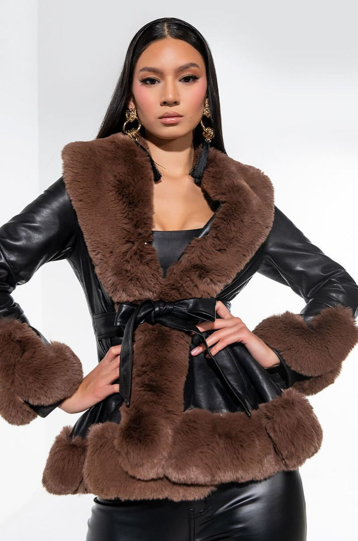 Elise Mode Dames Leren-Look Parka met Bontkraag in Bruin