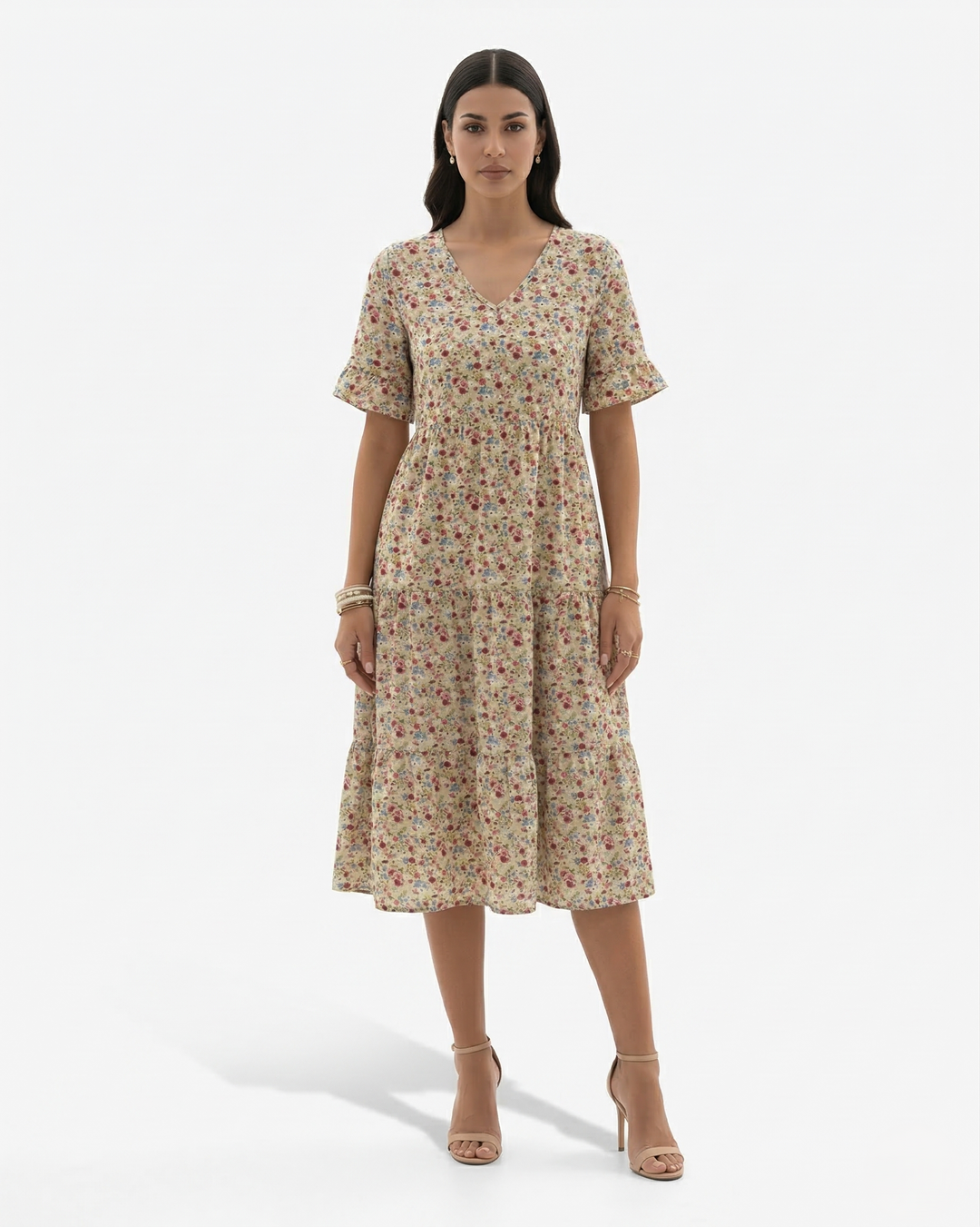 Elise Mode Dames Bloemen Midi Jurk Vlindermouw in Beige