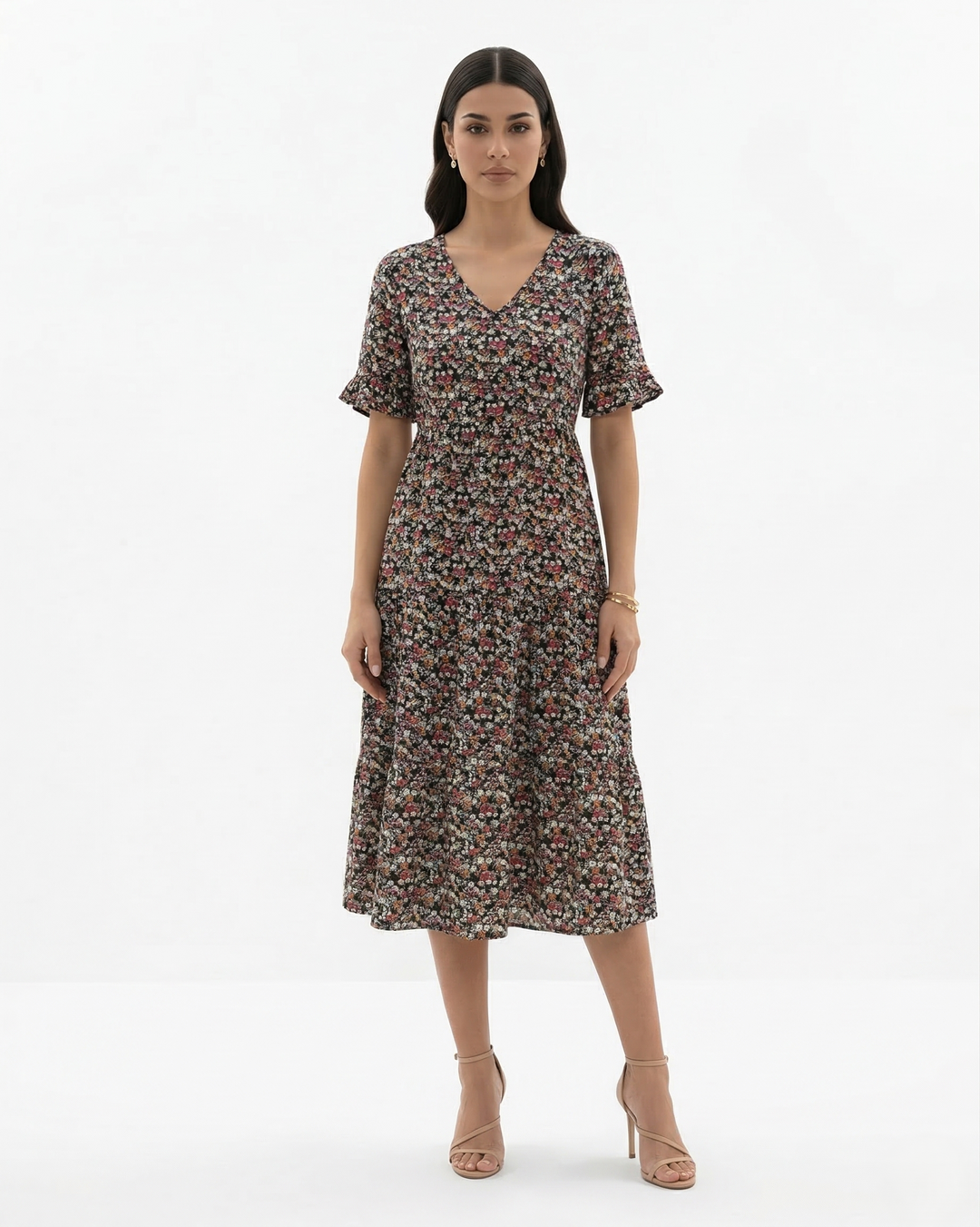 Elise Mode Dames Bloemen Midi Jurk Vlindermouw in Zwart