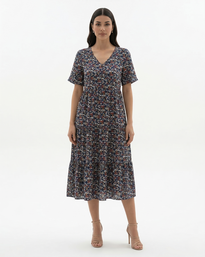 Elise Mode Dames Bloemen Midi Jurk Vlindermouw in Blauw