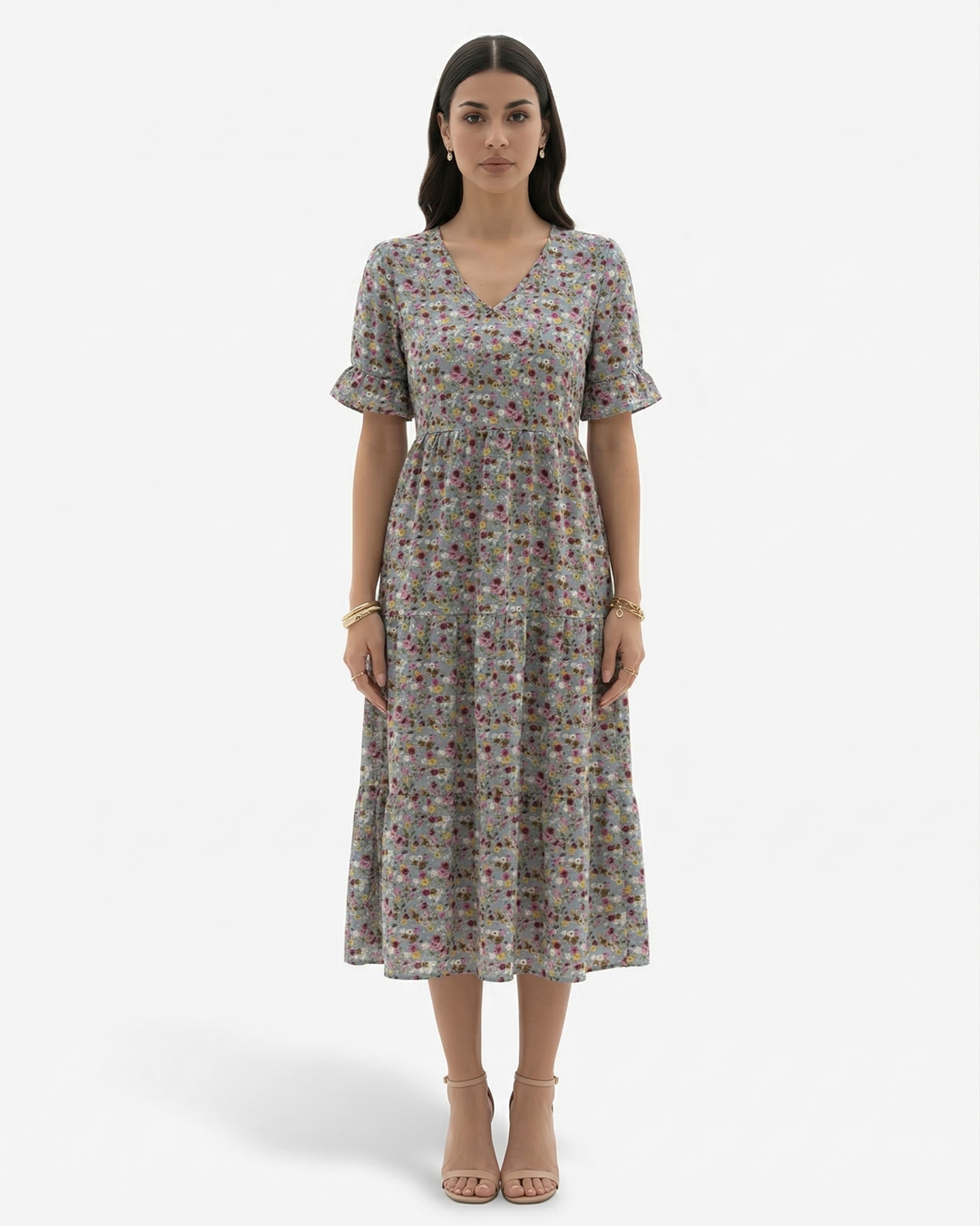 Elise Mode Dames Bloemen Midi Jurk Vlindermouw in Lichtblauw