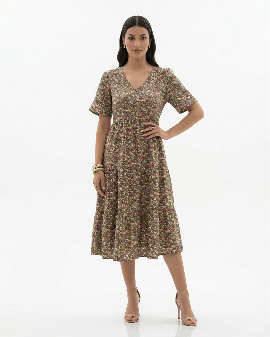 Elise Mode Dames Bloemen Midi Jurk Vlindermouw in Groen