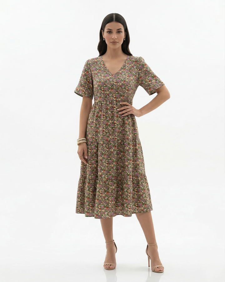 Elise Mode Dames Bloemen Midi Jurk Vlindermouw in Groen