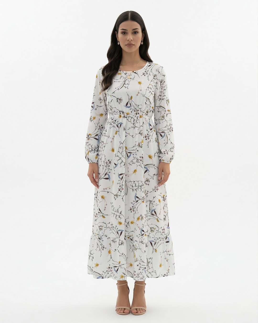 Elise Mode Dames Bloemen Maxi Jurk Lange Mouwen in Wit en Geel