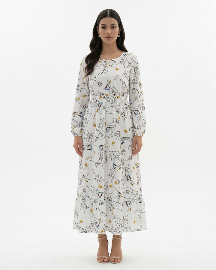 Elise Mode Dames Bloemen Maxi Jurk Lange Mouwen in Wit en Geel