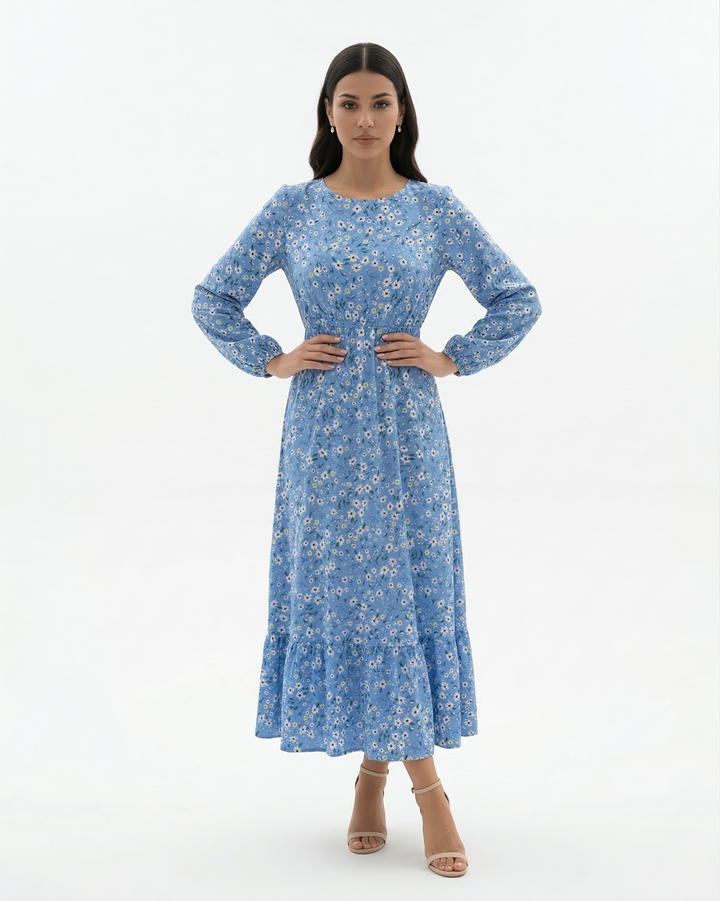 Elise Mode Dames Bloemen Maxi Jurk Lange Mouwen in Lichtblauw