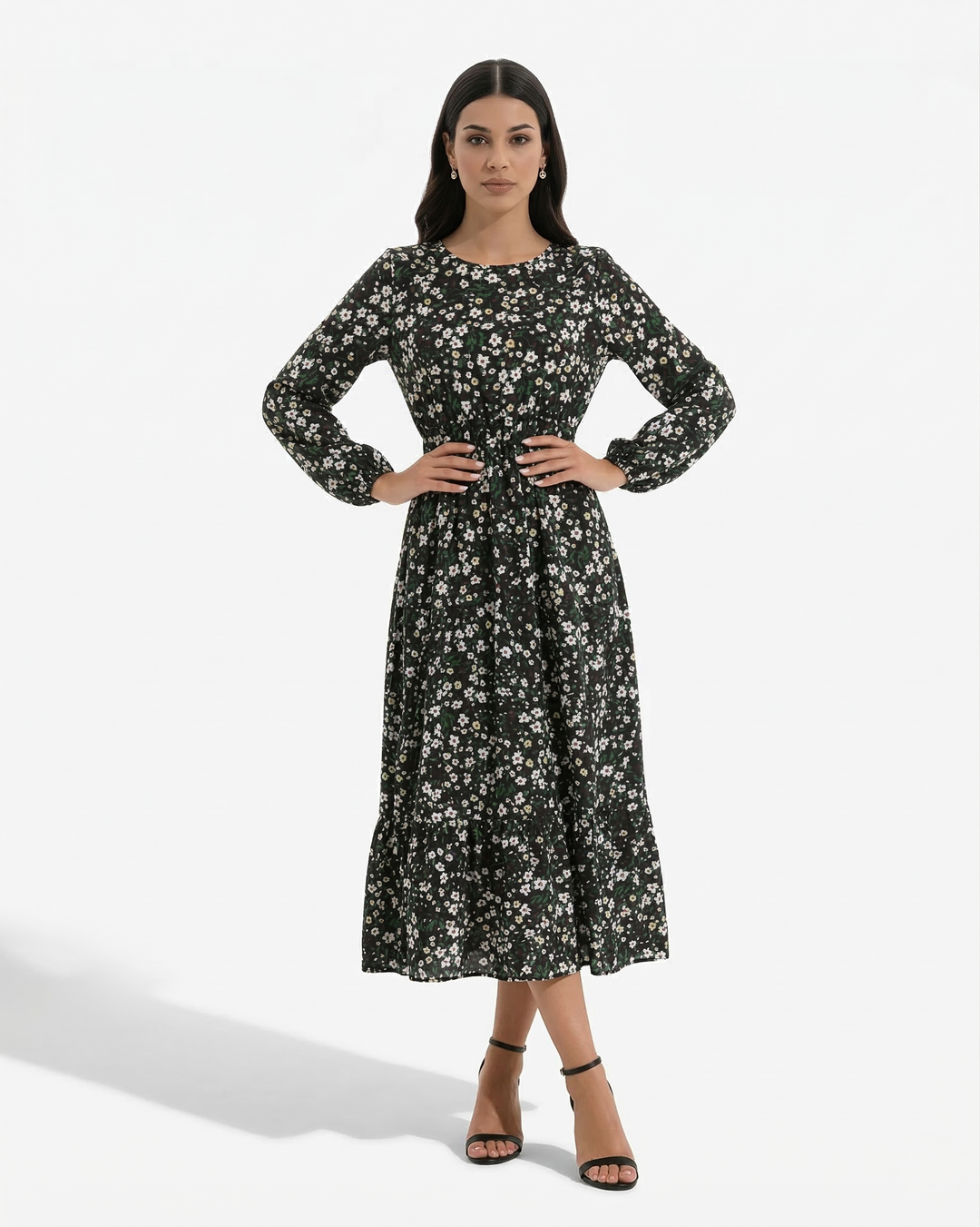 Elise Mode Dames Bloemen Maxi Jurk Lange Mouwen in Zwart