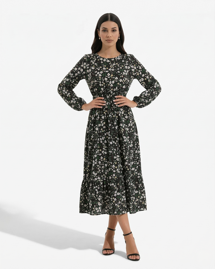 Elise Mode Dames Bloemen Maxi Jurk Lange Mouwen in Zwart