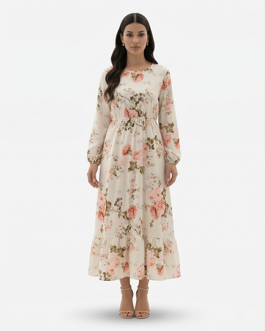 Elise Mode Dames Bloemen Maxi Jurk Lange Mouwen in Wit