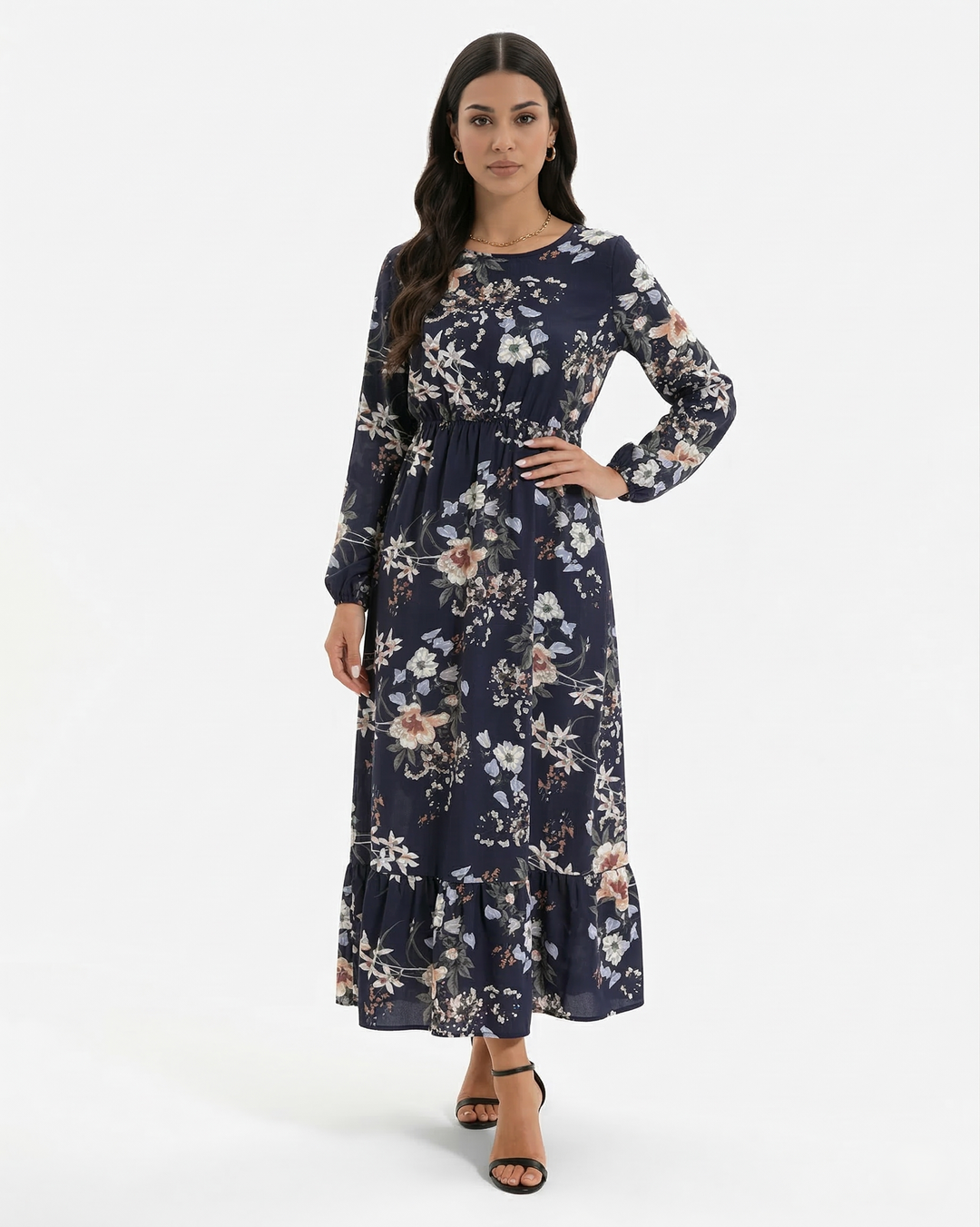 Elise Mode Dames Bloemen Maxi Jurk Lange Mouwen in Marineblauw